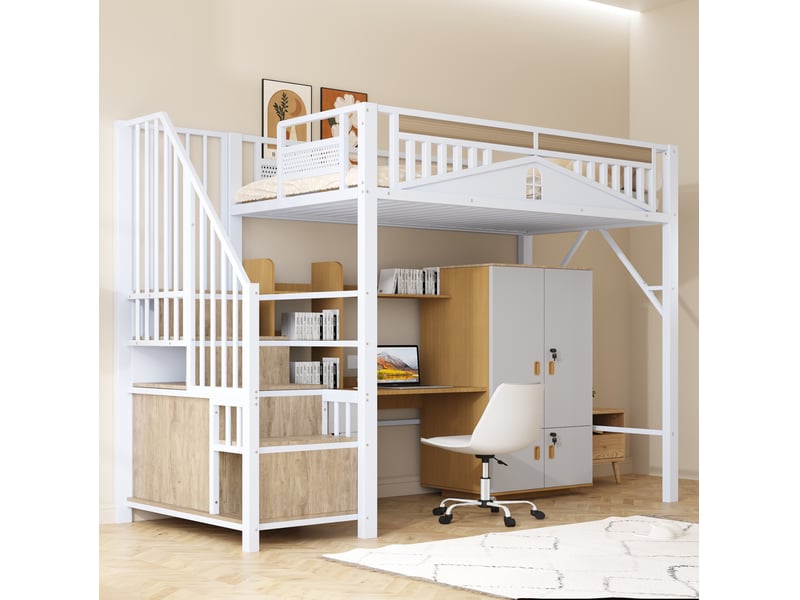  Lit mezzanine 90x200 cm avec escalier et rangements coloris blanc  - Conforama E