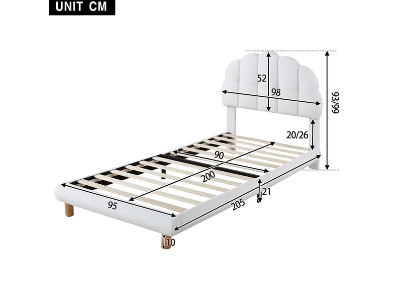  Lit simple rembourré 90x200 cm en tissu bouclé blanc  - Conforama E