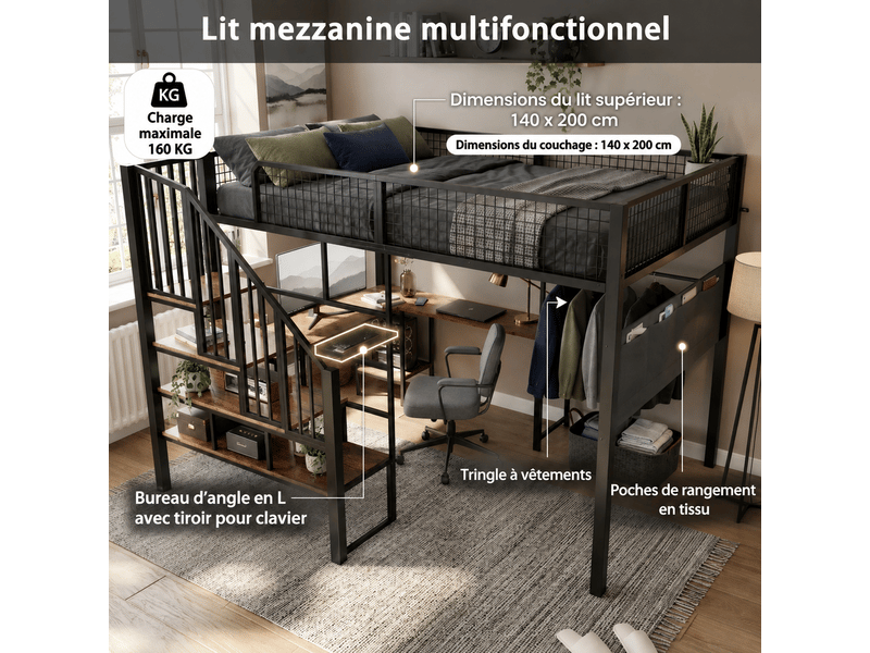 Lit mezzanine 140x200 cm avec bureau en l intégré, espace de travail, prise usb, escalier, structure métal,noir OMNIGLINT TRADING LTD - Conforama E
