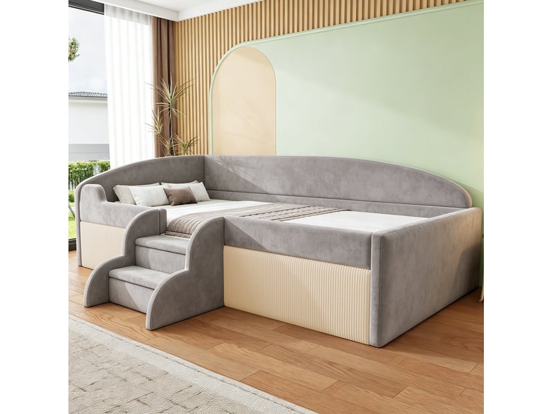  Lit enfant rembourré modenvie 90 x 190 cm avec marches, barrières et sommier à lattes, gris  - Conforama E