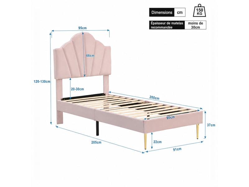  Lit rembourré 90x200 cm en velours, lit simple avec tête réglable et pieds en fer doré, sans matelas, rose  - Conforama D