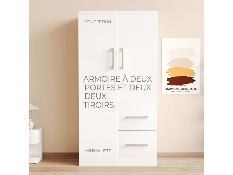  Armoire enfant blanche 2 portes avec tiroirs, 70x40x135 cm, meuble de rangement chambre  - Conforama D