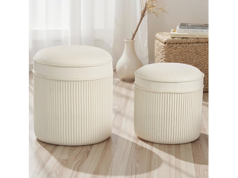  Lot de 2 poufs ronds avec rangement et couvercle, polyester crème, 36 x 41,5 cm  - Conforama D