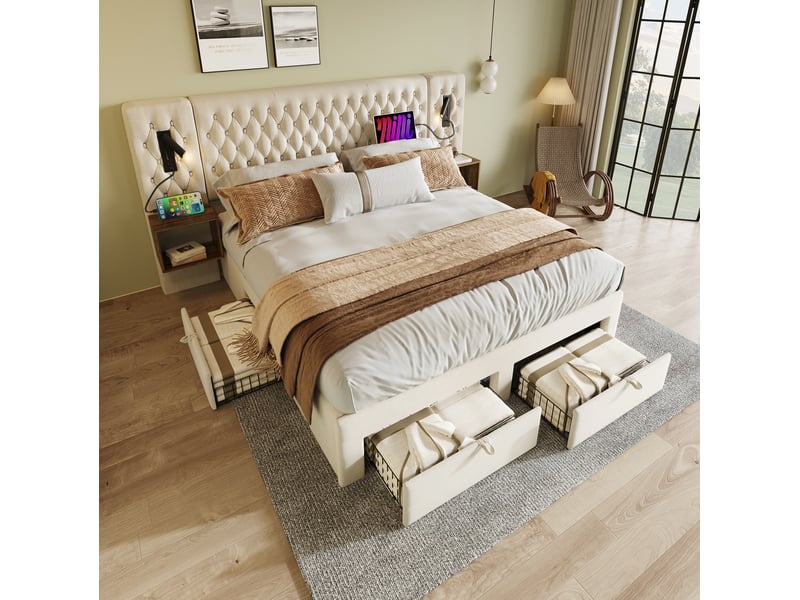  Lit double 180 × 200 cm avec 4 tiroirs, 2 chevets, lampes de lecture, usb et type-c, sans matelas, velours beige  - Conforama D