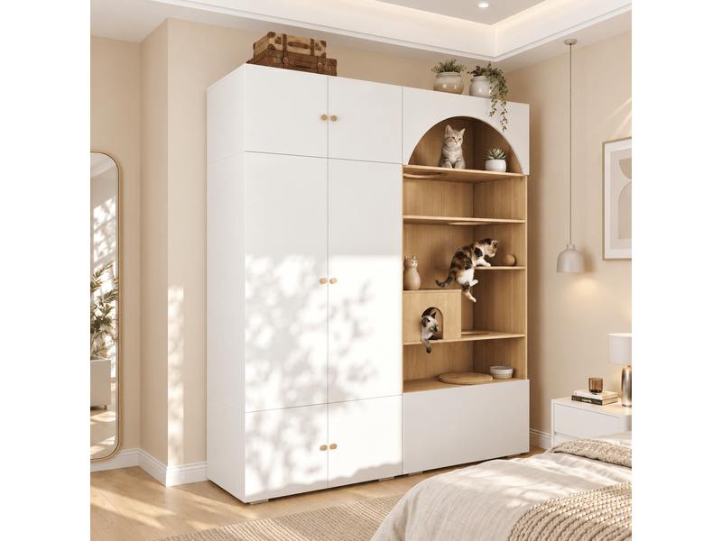  Armoire,180x50x200 cm,2-en-1,panneau de particules,blanc et effet bois  - Conforama B