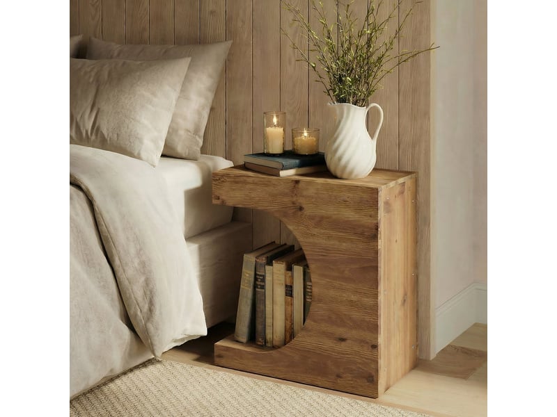  Table d'appoint en bois massif en forme de c, table de chevet moderne avec 2 étagères pour le salon et la chambre  - Conforama E