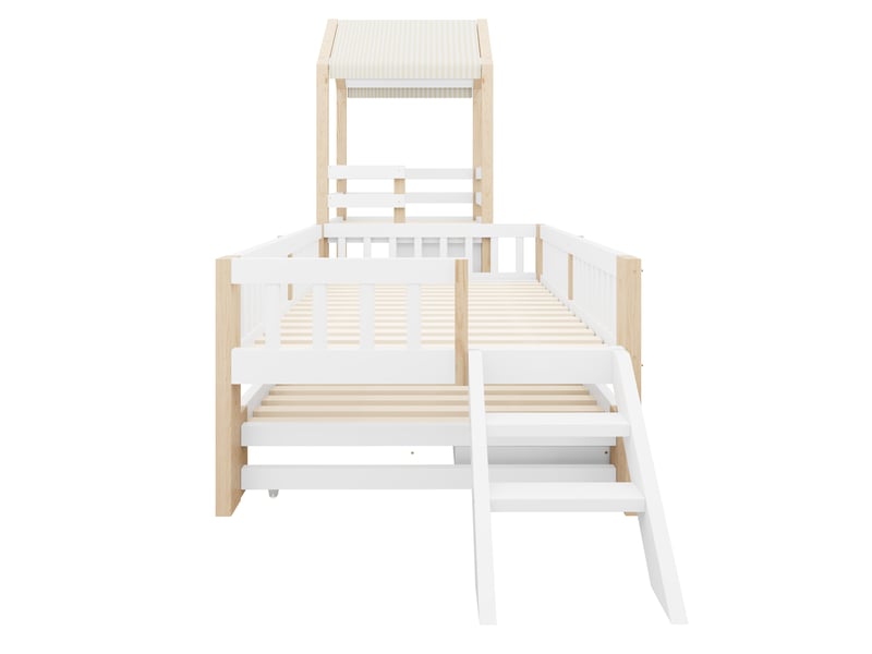  Lit cabane gigogne 90 × 200 et 90 × 190 cm, 4 tiroirs, escalier, sans matelas, bois massif blanc naturel  - Conforama E