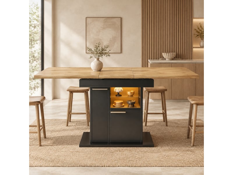  Table à manger extensible avec rangement et éclairage led - lpospi - étagères en verre mdf noir 110 × 80 × 77,2 cm  - Conforama C