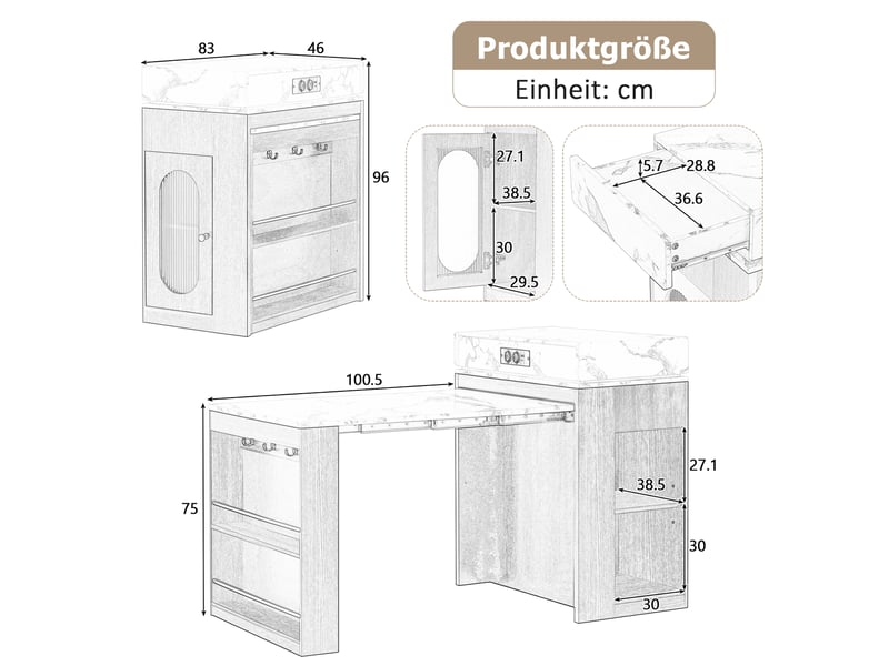 Îlot de cuisine extensible à roulettes avec prises et rangement noir - Conforama E