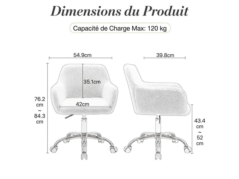  Chaise de bureau fausse fourrure rose clair, chaise de maquillage confortable réglable en hauteur avec roulettes  - Conforama C