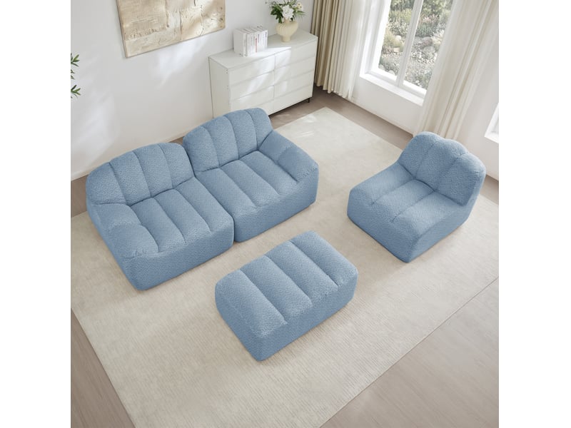 Canapé modulable l 3 places 288x165x79 cm, sans montage, granuleux, mousse 32d, avec pouf, tissu, bleu  - Conforama B