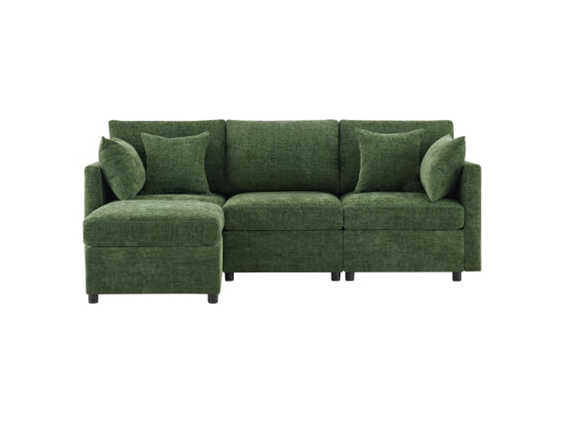  Canapé d’angle en l convertible 3 places, modular, pouf mobile, 4 coussins chenille verts – salonbureau  - Conforama A