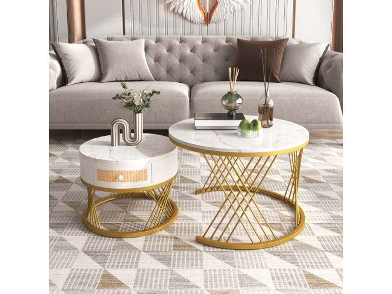  Lot de 2 tables basses gigognes blanches avec 1 tiroir en rotin et pieds en métal doré  - Conforama C