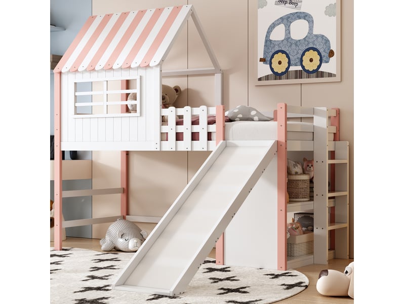  Lit mezzanine enfant 90 x 200 cm rose et vert avec échelle, toboggan et rangements  - Conforama B