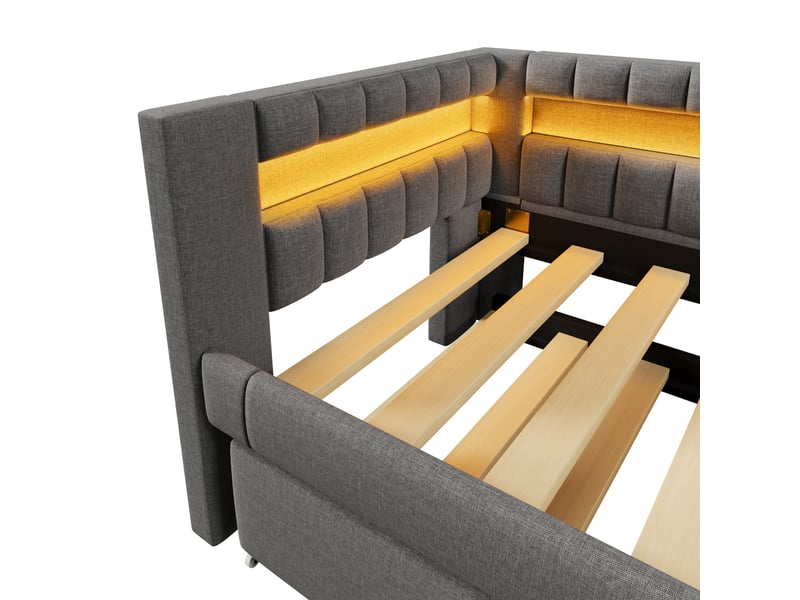  Lit banquette 90x200 cm avec lit gigogne, éclairage led, usb et type-c, mdf, gris, sans matelas  - Conforama E