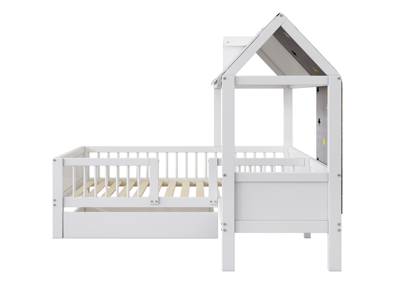  Lit cabane pour enfants en bois massif 90x200cm avec 1 tiroirs,espace de chevet et toile de tente,,en forme de maison,sans matelas,blanc lit enfant blanc - Conforama E