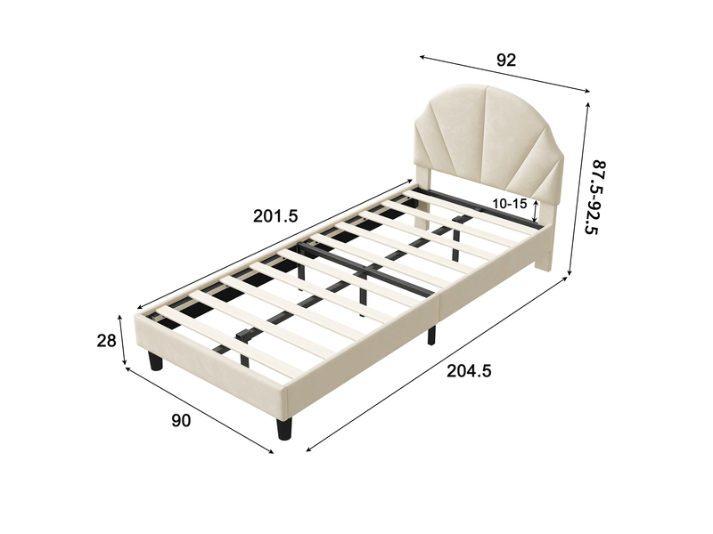  Lit simple 90x200, lit enfant capitonné avec tête de lit coquille réglable en hauteur, velours, style moderne scandinavo, beige  - Conforama E