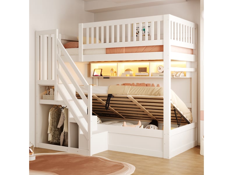 Lit superposé 90x200 cm, lit enfant, ouverture hydraulique, escalier avec rangement, barrière de sécurité, éclairage led, prises intégrées, bois blanc CozyNest - Conforama B