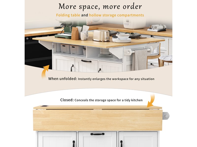  Îlot de cuisine mobile avec plateau rabattable, rangements et prises, en mdf blanc et coloris naturel  - Conforama E