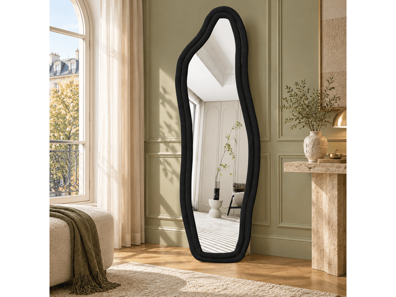  Miroir sur pied irrégulier 140 x 45 cm, miroir sur pied à cadre en alliage d’aluminium, idéal pour chambre, dressing, salon – design moderne, noir  - Conforama B