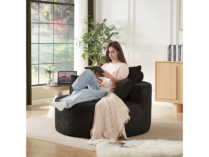 Fauteuil une place en chenille noire, fauteuil lounge moelleux avec coussins, 127 x 127 x 82 cm, sans montage pour salon ou chambre - Conforama C