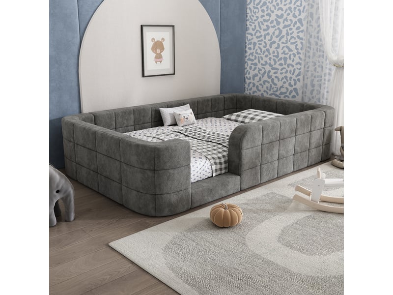  Lit enfant au sol 90x200 cm, rembourré en chenille, avec entourage rembourré et accès bas, avec sommier à lattes inclus, matelas non inclus, gris Luxe haut de gamme - Conforama D