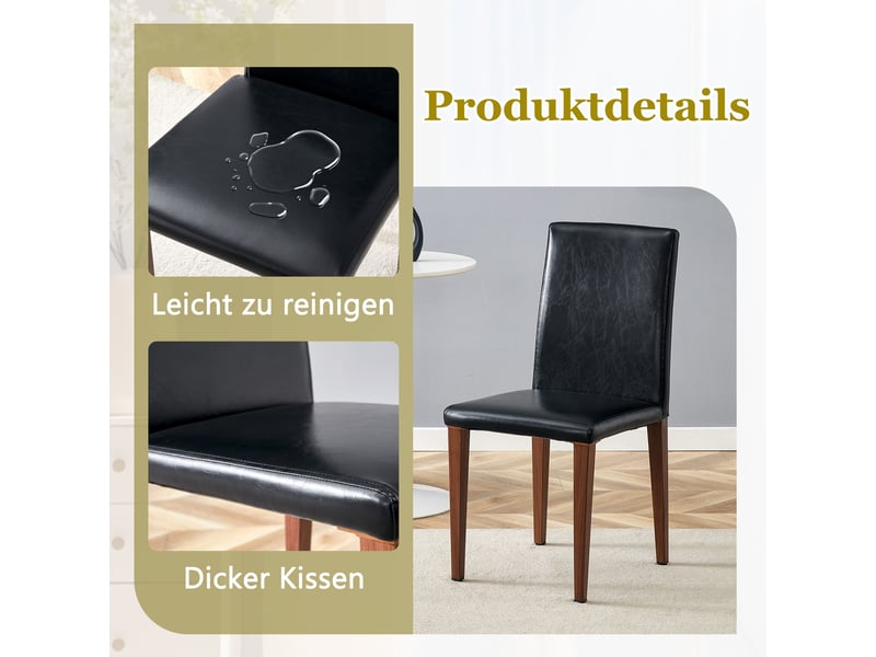  Lot de 6 chaises de salle à manger design, simili cuir noir et pieds métal effet noyer, style luxe léger européen pour salle à manger moderne  - Conforama D