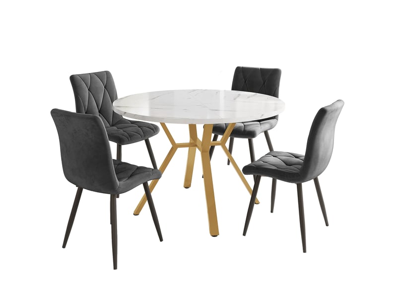  Ensemble table ronde et 4 chaises, plateau effet marbre blanc, pieds en métal doré et sièges ergonomiques en velours gris  - Conforama B
