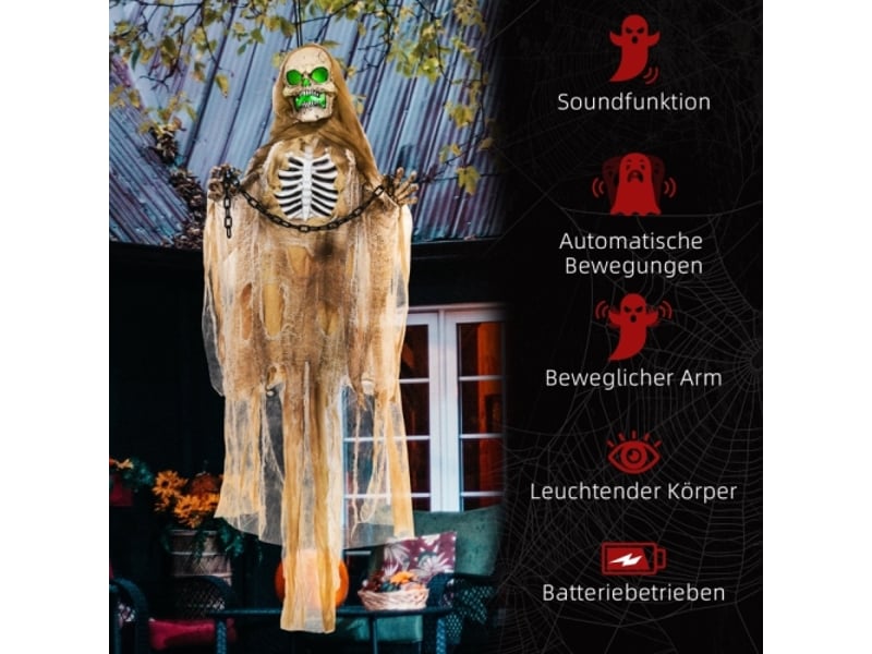  Décoration halloween squelette suspendu khaki, tête lumineuse, hurlement et bras flexibles  - Conforama D