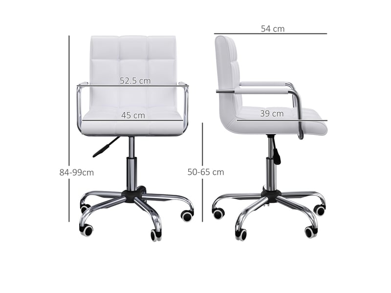  Chaise de bureau en similicuir blanc avec 5 roulettes pivotantes, assise rembourrée et hauteur réglable, 52,5 x 54 x 84-99 cm  - Conforama E
