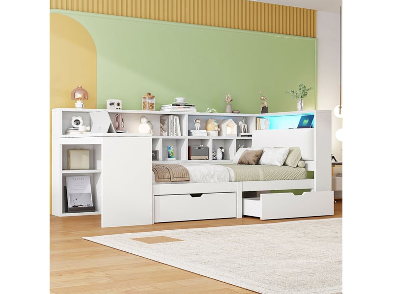Lit 1 place 90x200 cm en l avec bureau, bibliothèque, tiroirs et éclairage led blanc - Conforama E