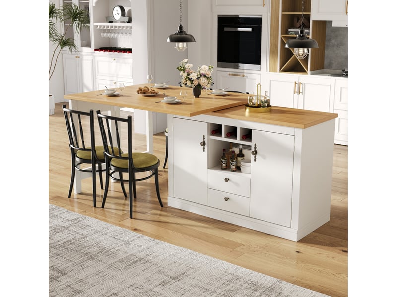  Table bar extensible 120-180 cm pivotante à 360° avec rangement, blanc naturel  - Conforama B