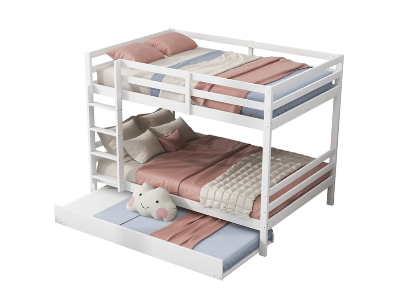 Lit superposé enfant 3 places 140×200 cm, lit gigogne, escalier et barrières - sans matelas, pin blanc - Conforama A