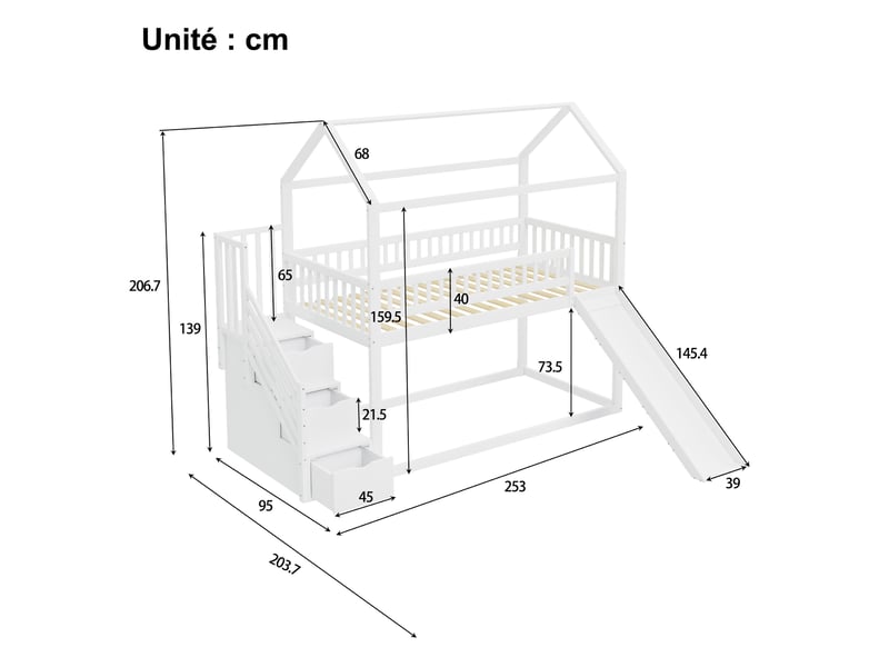  Lit mezzanine 90x200 cm en bois, lit simple avec toboggan, échelle de rangement et barrières, sans matelas, blanc  - Conforama D