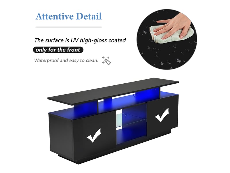Meuble tv noir 140 cm avec éclairage led à 16 couleurs, 2 portes brillantes et 5 niches ouvertes pour téléviseur jusqu’à 60 pouces - Conforama R