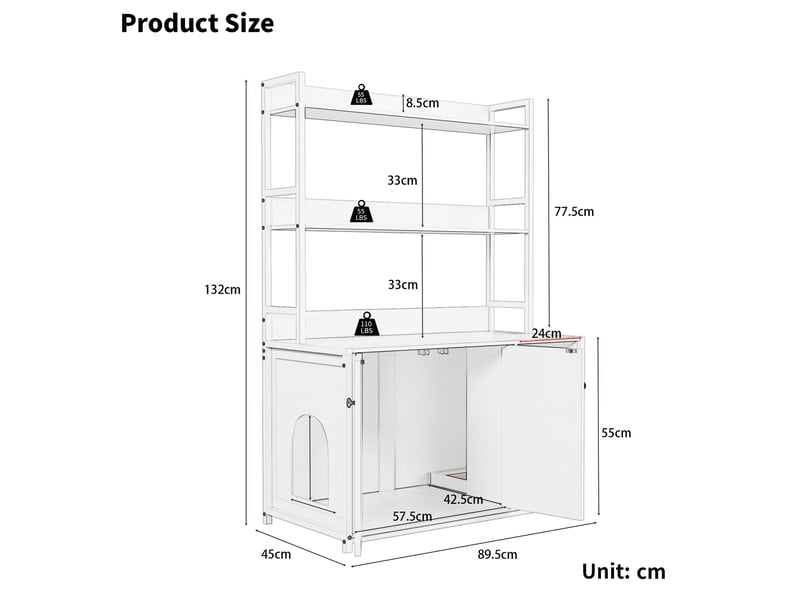 Meuble cache-litière avec étagères 89,5 x 45 x 132 cm – marron – rangement 3 niveaux, portes magnétiques - Conforama C