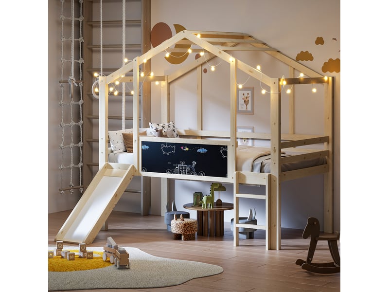  Lit cabane enfant surélevé 90x200 cm avec toboggan, échelle et tableau, coloris bois naturel  - Conforama C