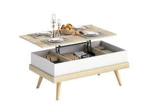 Table basse relevable 3 compartiments pieds en pin naturel et blanc 100x55x40,5 cm