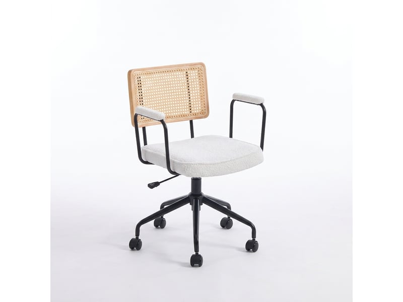  Chaise de bureau rotin vintage ivoire, chaise pivotante réglable avec accoudoirs bois et roulettes  - Conforama A