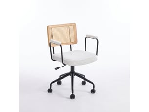Chaise de bureau rotin vintage ivoire, chaise pivotante réglable avec accoudoirs bois et roulettes