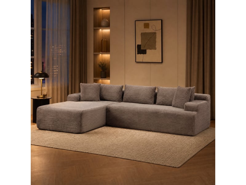 Canapé modulaire 4 places avec méridienne en chenille gris - 272 x 174 x 74,5 cm - Conforama B