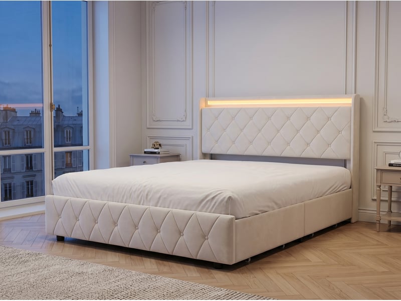  Lit 2 places 160x200 cm - avec éclairage led - tête de lit avec étagère - similicuir pu beige - sommier à lattes inclus  - Conforama D