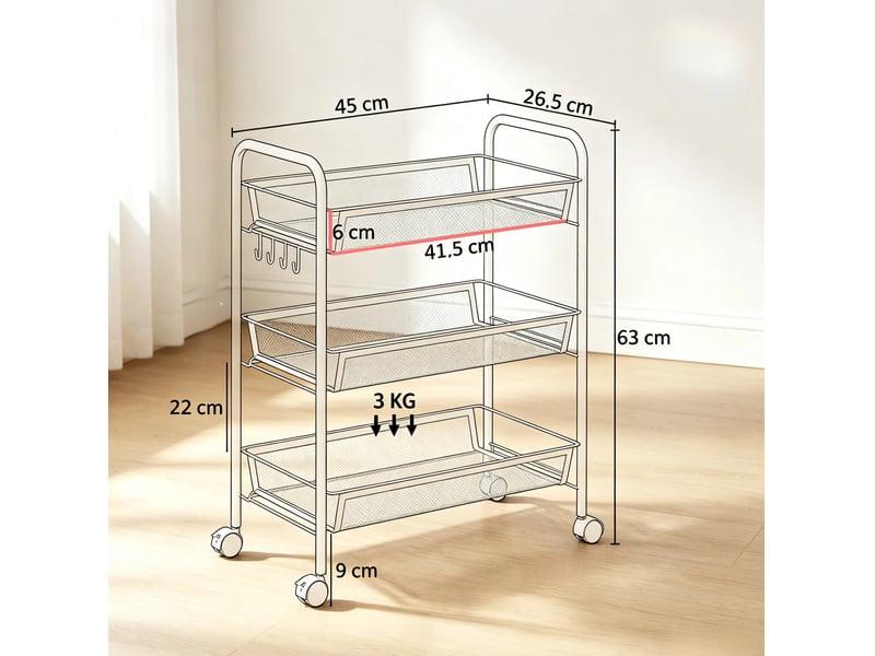  Chariot de rangement 45x26,5x63 cm 3 niveaux en métal blanc  - Conforama E