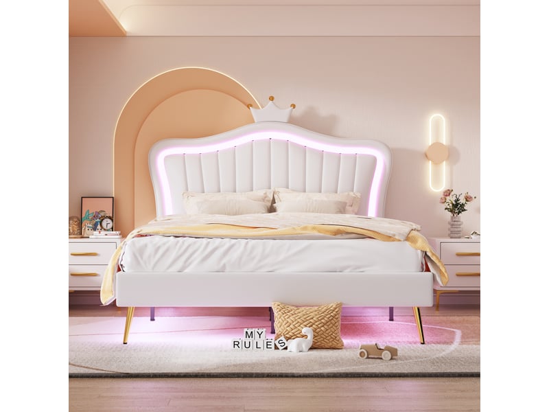  Lit enfant 140 × 200 cm 2 places avec led réglable et tête de lit couronne, sans matelas, rembourré blanc  - Conforama E