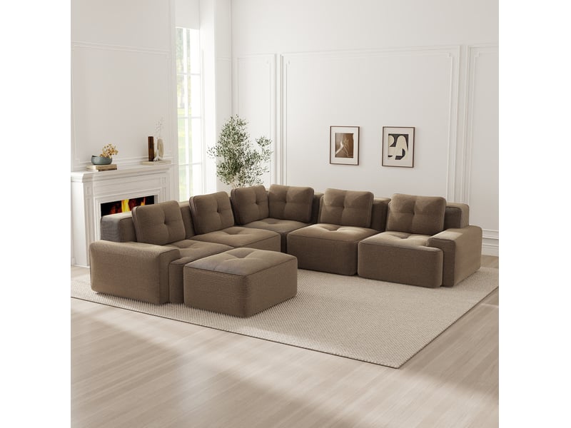  Canapé d’angle panoramique modulable 5 places en velours côtelé marron, 295 cm  - Conforama E