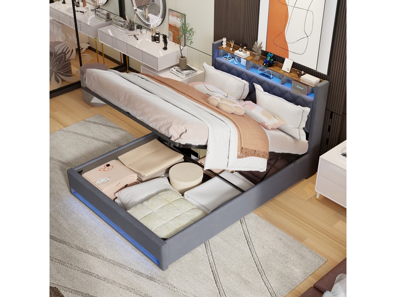  Lit double 160x200 cm en velours gris foncé avec tête de lit rembourrée homvra  - Conforama D