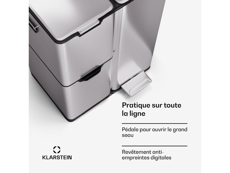 Klarstein tiyo poubelle de tri sélélectif 60 litres 3 en 1 seau amovible à fermeture amortie inox  - Conforama D