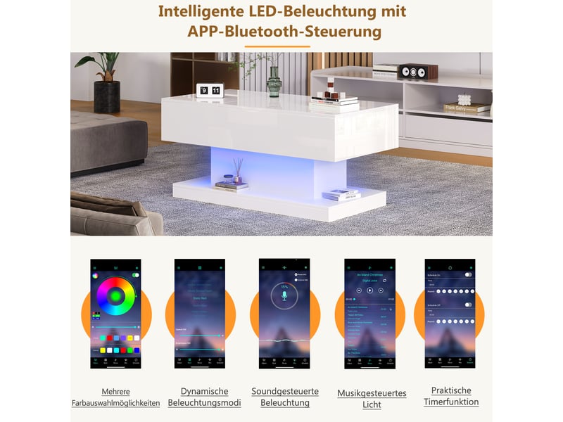  Table basse plateau relevable, table basse avec led et rangement, 100x50x45 cm, panneaux de particules, table basse blanc laqué.  - Conforama D