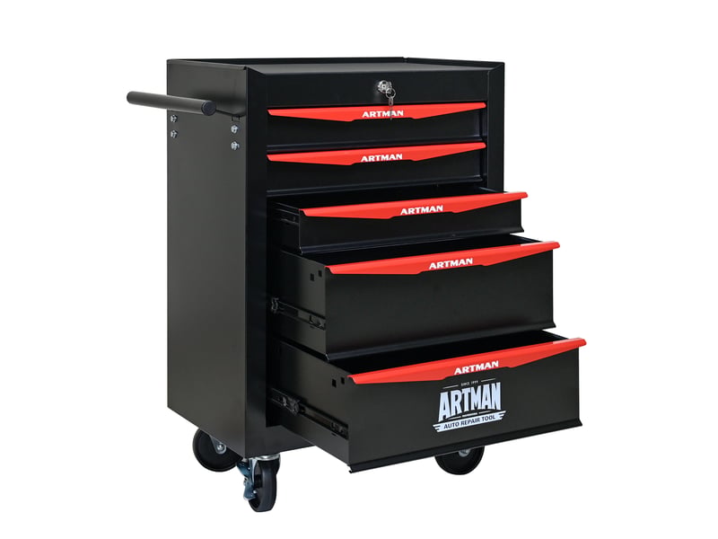 Armoire à outils mobile 60 x 33 x 77,5 cm noir et rouge en acier, 5 tiroirs sur roulettes verrouillables - Conforama D