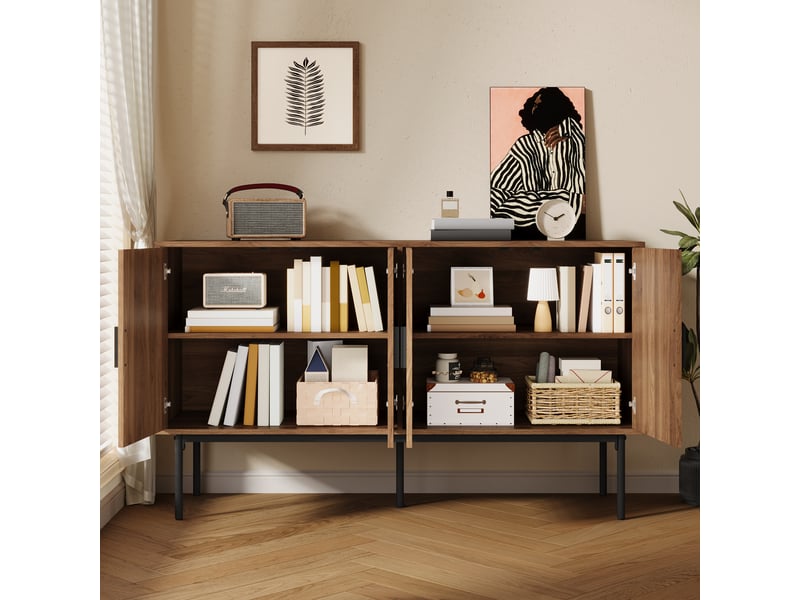 Buffet 4 portes en mdf décor noyer et rotin naturel 140x40x80 cm - Conforama C